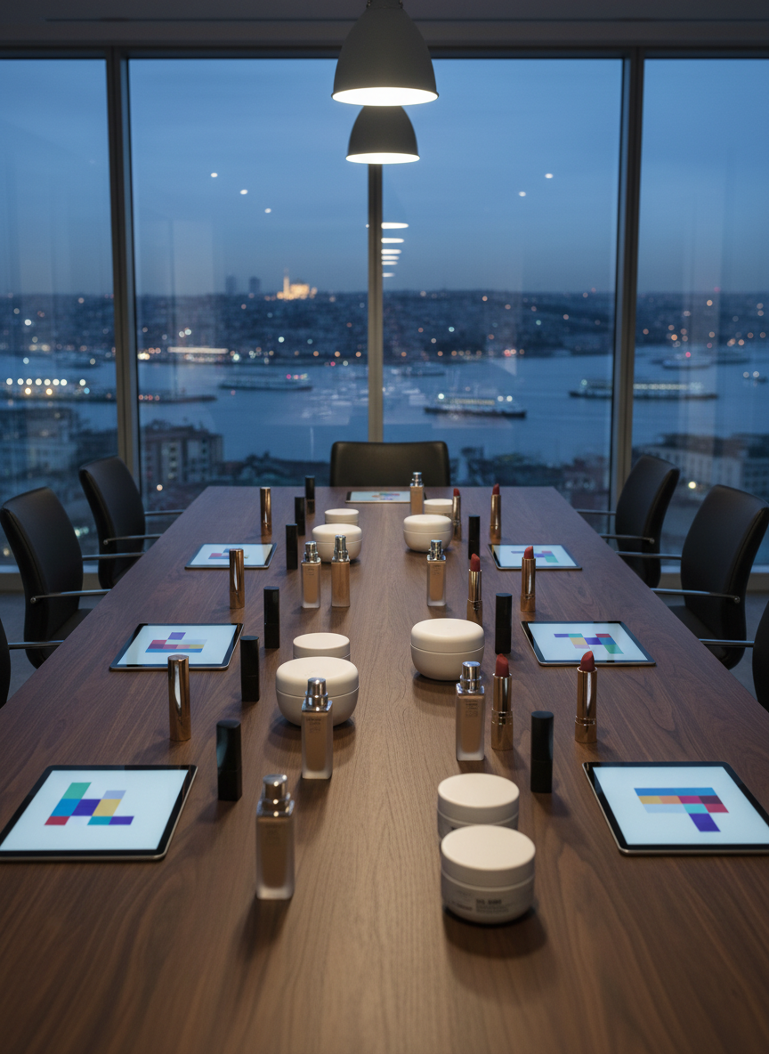An ultra-modern meeting table in a Kadıköy office overlooking the Bosphorus at twilight, covered with meticulously arranged cosmetics packaging mockups: foundation bottles with frosted glass, glossy lipstick tubes, minimalist skincare jars. Around them lie tablet devices showing omnichannel dashboards, social media grids, and e-commerce product pages, all displayed as colorful abstract blocks without readable text. The city lights of Istanbul and passing ferries are visible through floor-to-ceiling windows, rendered in soft bokeh. Cool, focused pendant lighting highlights the textures of the beauty products and the grain of the dark wood table. Photographic realism, shot at eye level with a wide angle, creating a bold, strategic atmosphere that conveys international beauty brand expansion and data-driven marketing power.