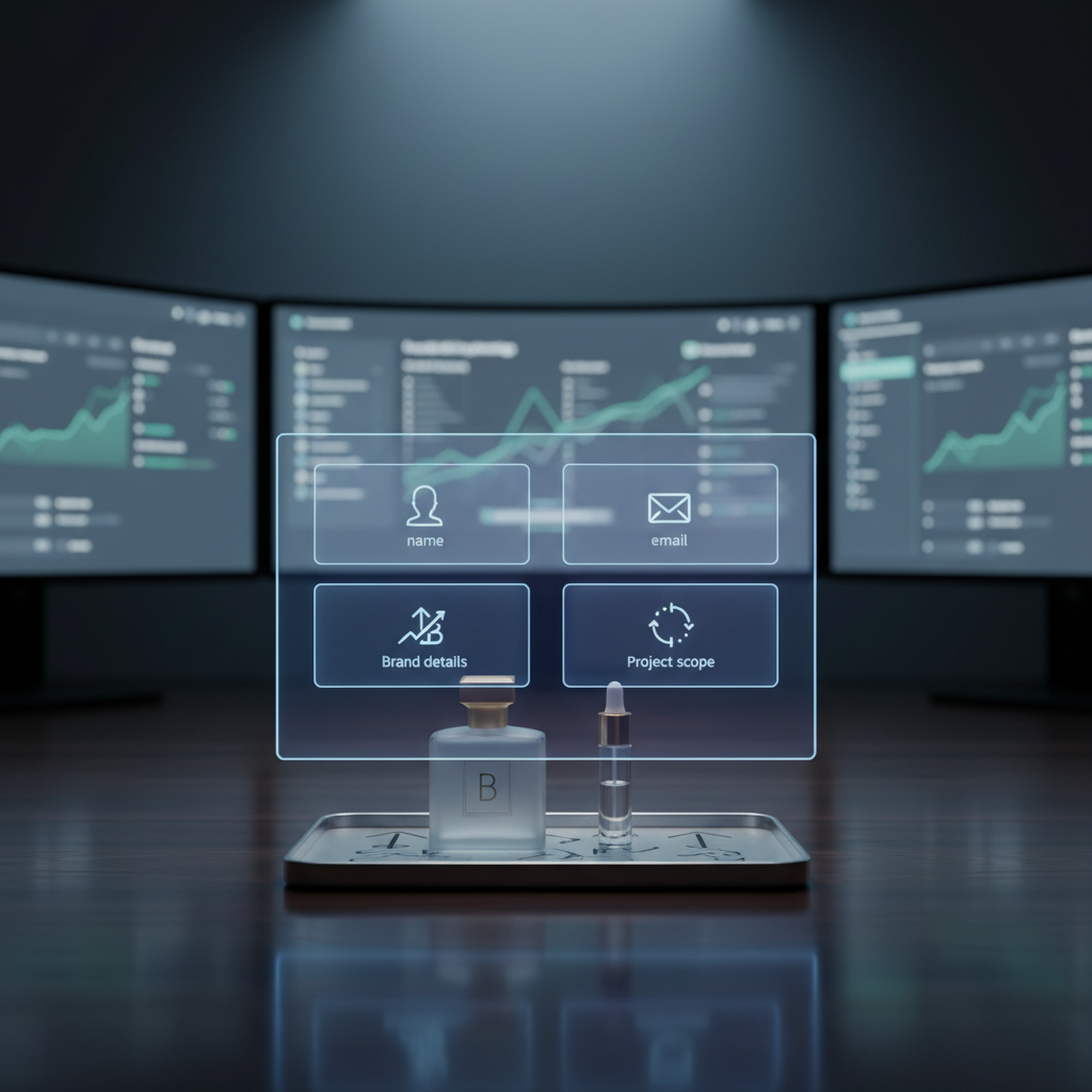A clean, conversion-focused contact section visualized as a sophisticated, non-literal interface: a floating translucent glass panel above a dark desk, divided into softly glowing segments representing name, email, brand details, and project scope, all symbolized with simple icons instead of text. On the desk below sit a single luxurious perfume bottle and a sleek serum vial, placed on a small metal tray engraved with abstract arrows and growth symbols. Background screens show blurred dashboards of campaign results in muted colors. Cool studio lighting from above creates precise reflections and a sense of depth on the glass panel. Photographic realism, centered composition with shallow depth of field, evoking a frictionless, high-end contact form experience for beauty brands approaching an expert Istanbul-based agency.