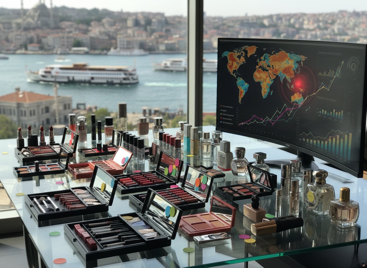 A sleek glass-topped agency desk arranged as a cosmetics strategy war room, covered with open sample cases of lipsticks, serums, and perfume bottles, each tagged with small color-coded markers instead of text. Beside them, a large curved monitor displays vivid charts and heatmap-style maps of global markets with Istanbul highlighted in a glowing point on the Asian side of the Bosphorus. Through the window, a recognizable Kadıköy shoreline with ferries and historic buildings appears slightly out of focus. Strong, directional daylight pours in, creating crisp reflections on the glass and metallic packaging. Shot from a slightly elevated angle with sharp focus on the products and screen, in bold, photographic realism, giving a sense of high-level cosmetics marketing expertise and decisive, international growth planning.