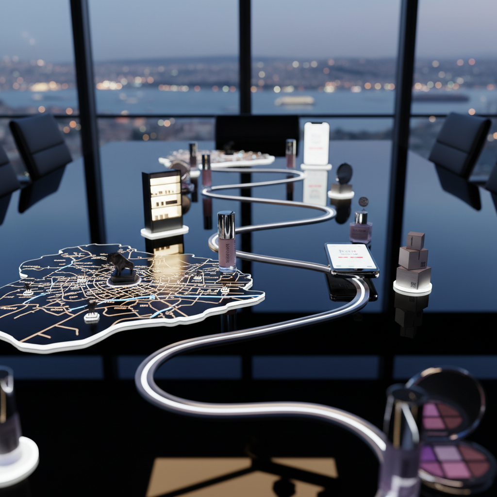 A dramatic close-up of a cosmetics brand’s omnichannel journey mapped across a large, glossy black table in an Istanbul office. Small, elegant product bottles and eye palettes are positioned like game pieces along a winding metallic line that moves from a stylized Kadıköy street map to abstract representations of store shelves, smartphones, and shipping boxes. Neon-accent LED strips underneath the glass cast a bold, futuristic glow, reflecting off chrome details on the packaging. The background reveals a blurred hint of the Bosphorus and Moda shoreline through a wide window. Shot from a low, cinematic angle with shallow depth of field and photographic realism, the scene feels dynamic and strategic, emphasizing market-entry planning, distribution pathways, and omnichannel growth for beauty brands.