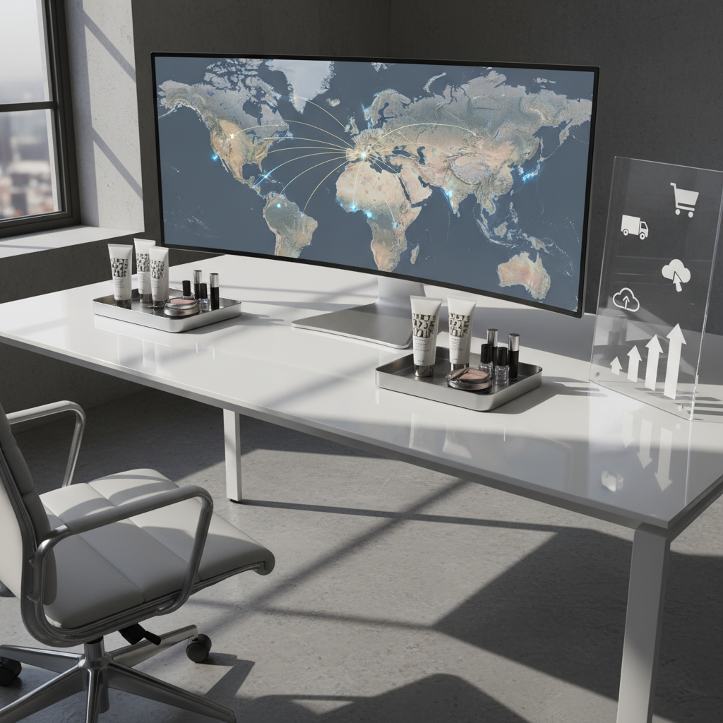 A professional, minimalistic workstation dedicated to international cosmetics market-entry planning, featuring a large ultrawide screen displaying a world map with highlighted trade routes converging on Istanbul’s Asian side. In front of the screen, open travel-sized skincare tubes, fragrance vials, and compact powders sit in organized metal trays, each facing the viewer to showcase textured labels without readable text. A transparent acrylic board to the side holds a stylized flow of icons representing distribution, retail, e-commerce, and growth arrows. Late-afternoon sunlight slants through the office, casting long, sharp shadows and subtle reflections on the glossy white surface. Shot from a three-quarter angle in crisp photographic realism, the mood is bold, analytical, and meticulously professional, showcasing global reach with a Kadıköy anchor.