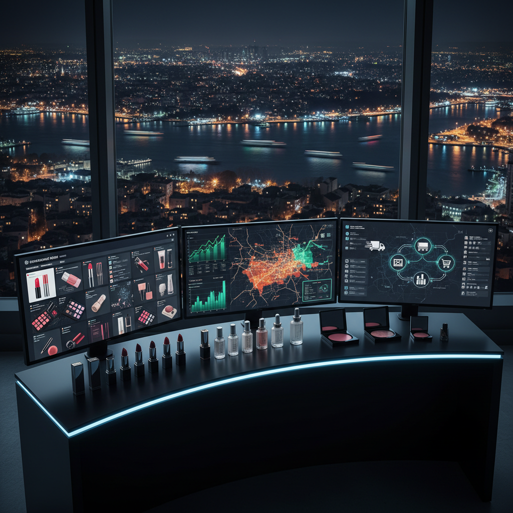 A bold, cinematic hero view of a cosmetics-focused digital command center in a Kadıköy high-rise, shot from slightly above. Multiple monitors form a curved arc, each showing vibrant but text-free visuals: social media grids of beauty products, sales graphs rising, heatmaps of Istanbul neighborhoods, and stylized icons of delivery, retail shelves, and online carts. In front of the screens, a neat row of high-end lipstick bullets, serum dropper bottles, and compact highlighters sits on a matte black shelf, lit by a narrow strip of cool LED light that creates crisp highlights along their edges. Nighttime city lights of Istanbul gleam through the panoramic window behind, with ferries visible as streaks of light on the Bosphorus. The photographic realism and deep contrast create an intense, expert atmosphere of real-time cosmetics marketing performance.
