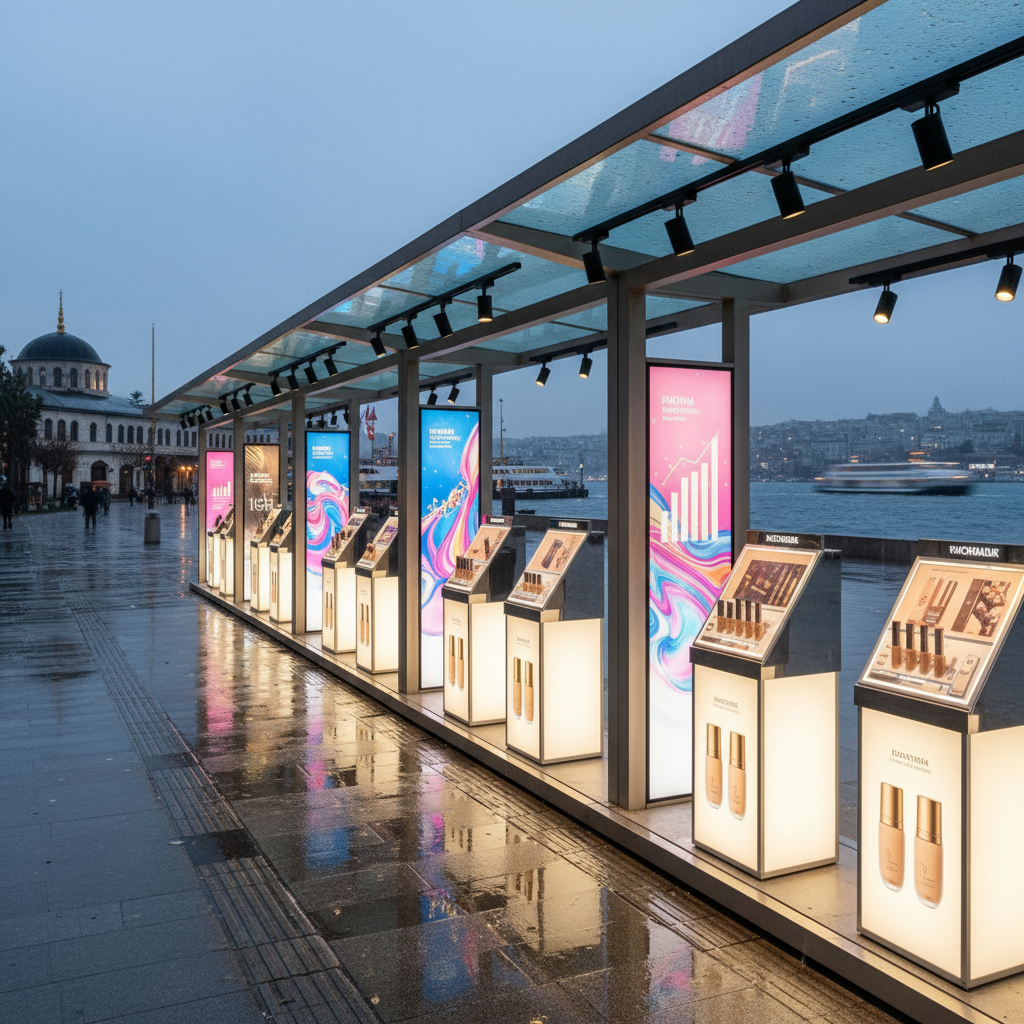 An atmospheric Kadıköy street-level cosmetics activation scene at dusk, shown without people: a row of illuminated beauty brand displays under a contemporary awning across from the recognizable ferry pier. Acrylic stands hold foundation bottles, lipsticks, and skincare sets, each spotlit from above so their glass and metallic elements catch the warm glow. In the midground, freestanding digital panels show abstract campaign visuals and growth charts without legible text. The Bosphorus and a departing ferry are visible in the background, lights reflected on the water. Slight drizzle on the pavement creates glossy reflections of the displays. Photographic realism, shot at street level with a wide-angle lens, creating a bold, vibrant atmosphere that communicates real-world market entry and local presence for international beauty brands.